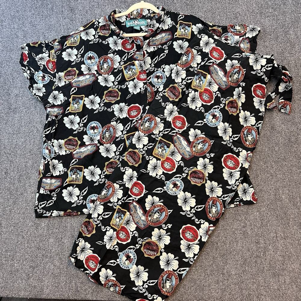 Big Dogs 2 Piece Set Shirt Wrap Skirt 26/28 Black Floral Dog Print Rayon